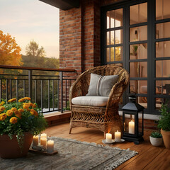 a charming, rustic balcony during an autumn dawn, creating a welcoming ambiance