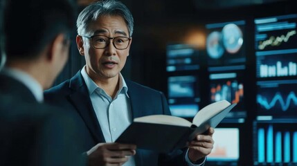 businessman is discussing with his team in the office, using a book and charts for the presentation of a business plan or strategy on a digital screen blurred background. 