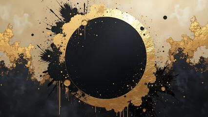 A captivating abstract gold circle painted with black and splashes of gold, black, gray, and beige. Ideal for luxury hotel decor. Generative AI.