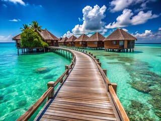 Obraz premium Luxurious Water Villas on Pier, Turquoise Ocean, White Sand Beach