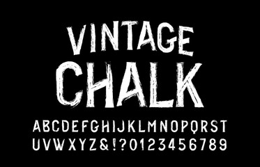  Vintage Chalk alphabet font. Retro letters and numbers. Stock vector typescript for your design.