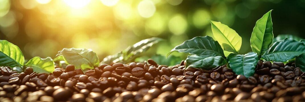 World fair trade day: coffee beans and leaves in sunlit ambiance for eco-friendly designs