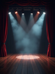 The dark room of the theater with spotlights and smoke, in a vintage retro style, empty stage for a show or presentation Generative AI