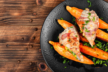 Tasty roulades meat on plate.