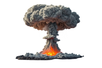 dramatic nuclear style mushroom cloud rises with bright orange flames