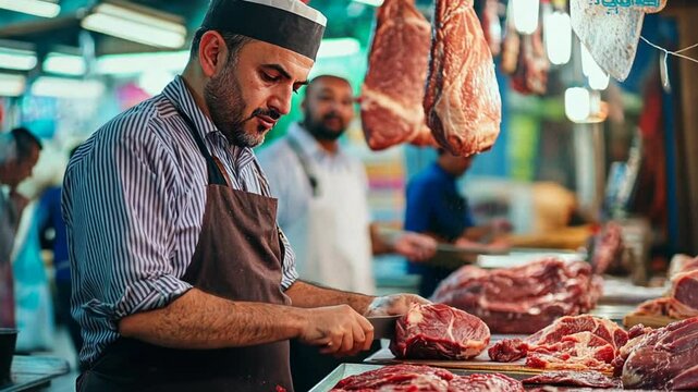 A market vendor offering fresh halal beef cuts, with a butcher carefully cutting and packaging the meat for customers, perfect for grocery stock photos