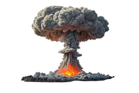 dramatic nuclear style mushroom cloud rises with bright orange flames