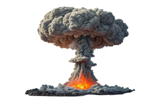 dramatic nuclear style mushroom cloud rises with bright orange flames