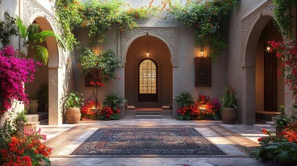 Fototapeta premium Sunlit courtyard with ornate arches, vibrant flowers, and a patterned rug.