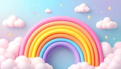 A playful rainbow background with bold, vivid colors arranged in a perfect arc, a soft gradient sky and embellished with whimsical details like floating clouds and sparkling stars