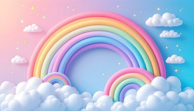 A playful rainbow background with bold, vivid colors arranged in a perfect arc, a soft gradient sky and embellished with whimsical details like floating clouds and sparkling stars
