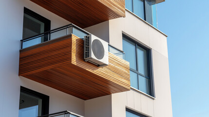 Urządzenie klimatyzacyjne zamontowane na balkonie apartamentowca, wśród nowoczesnej elewacji.
