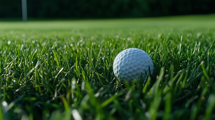 Piłka golfowa leży na gęstej, zielonej murawie.
