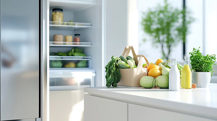 Moderne Küche mit geöffnetem Kühlschrank und frischem Gemüse