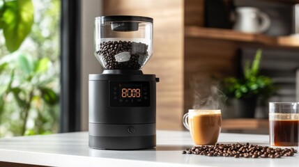 A coffee grinder with beans, cups of coffee, and a modern kitchen backdrop.