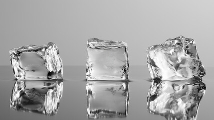 Kostki lodu w trakcie topnienia, ułożone na gładkiej, lśniącej powierzchni, odbijają delikatne światło.