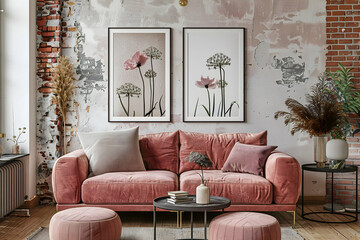 Pink Velvet Sofa with Botanical Prints 