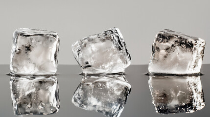 Kostki lodu w trakcie topnienia, ułożone na gładkiej, lśniącej powierzchni, odbijają delikatne światło.