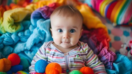 Obraz premium Smiling baby lying on a rainbow-colored blanket, enjoying playtime