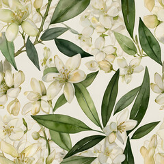 jasmine blossoms rendered in abstract form, using creamy white washes. Delicate ink strokes offer 