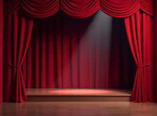 Fototapeta premium Empty theater stage with red velvet curtains. 3d illustration