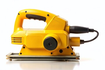 Fototapeta premium Sharp yellow silhouette of a belt sander, isolated against a pure white background.