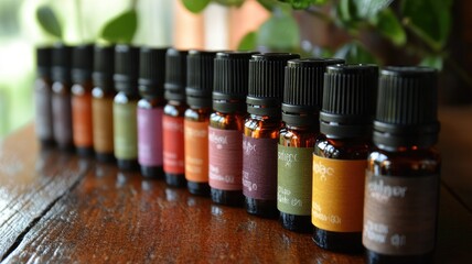 Assorted essential oils in small, colorful bottles on wooden surface