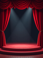 Empty theater stage with red velvet curtains. 3d illustration