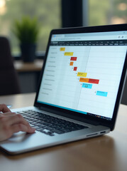 Project management, planning for software development, resources and budget planning, project schedule diagram, gantt chart for work deadline concept, computer laptop with project management software