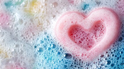 Heart-shaped soap in colorful, bubbly background close-up