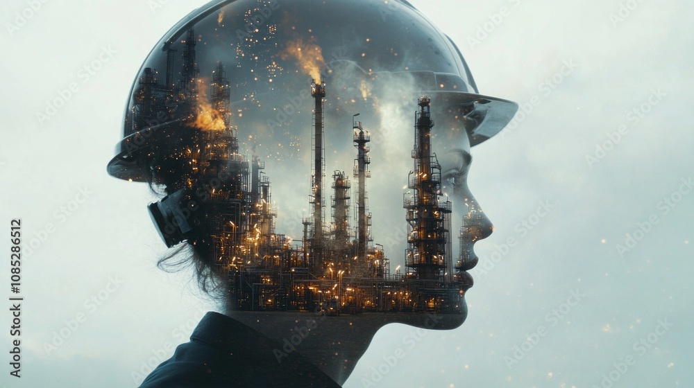 Poster a woman's head is shown in a distorted way, with a factory in the background
