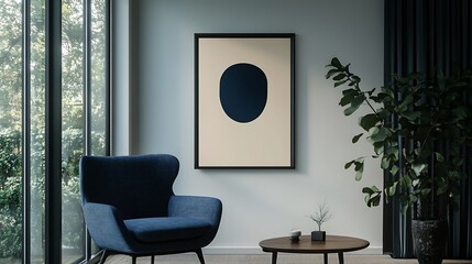 Fototapeta premium Minimalist living room with a blue chair and abstract wall art.