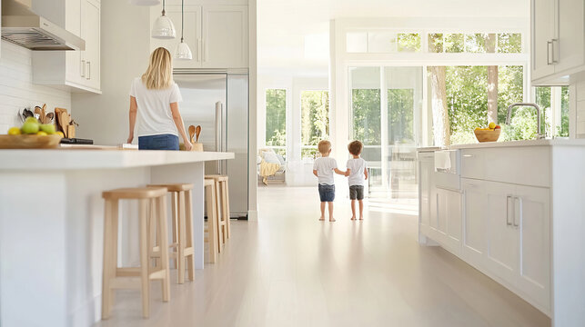 Mutter und zwei Kinder in einer lichtdurchfluteten K&uuml;che, moderner Wohnraum.