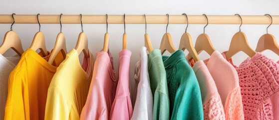 Colorful Sweaters Hanging on Wooden Hangers