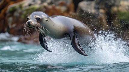 Obraz premium Sea Lion Diving into Ocean from Rocky Outcrop with Splash
