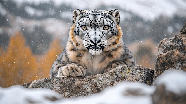 Snow Leopard on Rocky Outcrop in Snowy Mountain Landscape