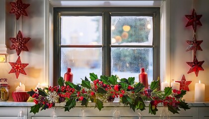  A kitchen window is decorated for holidays with a garland of holly and red berries, plus sm_1(69)