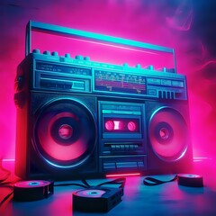 Retro Neon Boombox and Cassette Tapes