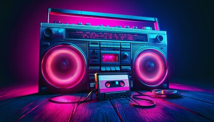 Fototapeta premium Retro Neon Boombox and Cassette Tapes