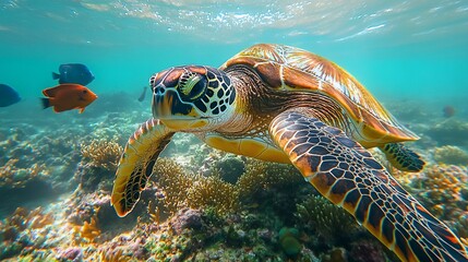 Obraz premium Sea Turtle Swimming Over Coral Reef with Tropical Fish