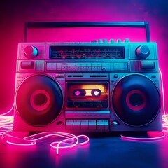 Fototapeta na wymiar Retro Neon Boombox and Cassette Tapes