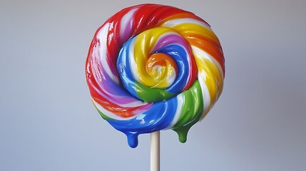A colorful swirl lollipop, melting, drips down stick against a light grey background.