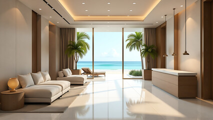 Fototapeta premium Minimalist luxury hotel lobby and reception area in a beach resort