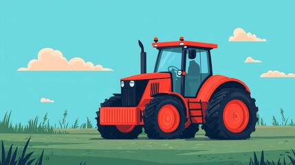 Obraz premium Drone and AI are revolutionizing smart farming practices Concept. A vibrant illustration of a red tractor on green grass under a bright blue sky with fluffy clouds, showcasing a rural and agricultural
