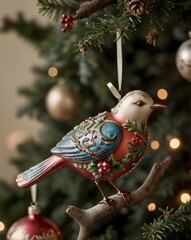 A close-up of a beautifully crafted silver Christmas ornament resting on a polished wooden table. The ornament features intricate frosted designs and delicate glittering patterns. In the background, a