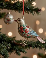 A close-up of a beautifully crafted silver Christmas ornament resting on a polished wooden table. The ornament features intricate frosted designs and delicate glittering patterns. In the background, a
