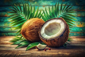 Vintage Coconut Half Illustration, Retro Fruit Art, Antique Photography