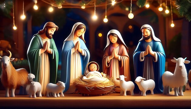  A nativity scene is set up on a table featuring Mary, Joseph, baby Jesus, shepherds, and wi_1(95)