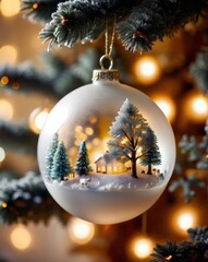 A close-up of a beautifully crafted silver Christmas ornament resting on a polished wooden table. The ornament features intricate frosted designs and delicate glittering patterns. In the background, a