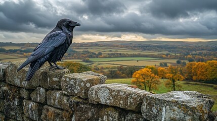 Raven on Ancient Stone Wall Overlooking Landscape Under Cloudy Sky